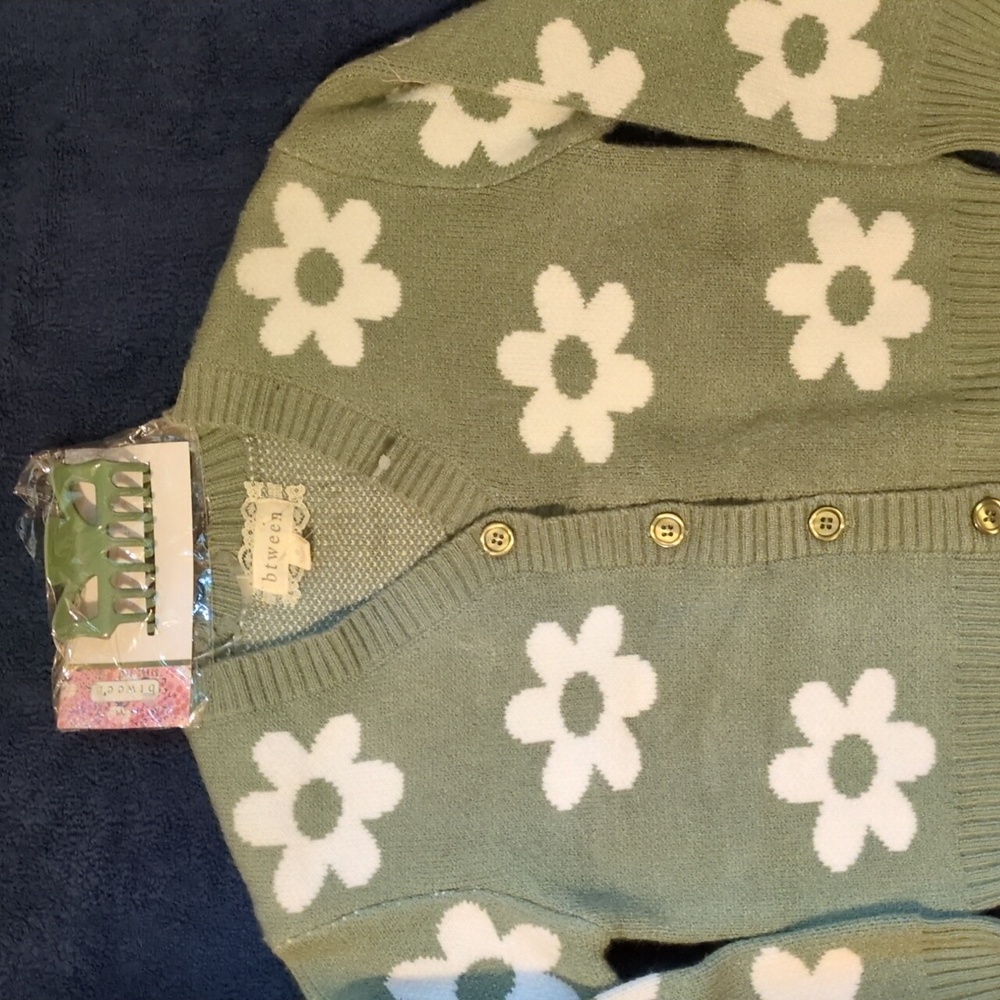 Btween Sage Green Cardigan with White Floral Pattern Long Sleeve 6